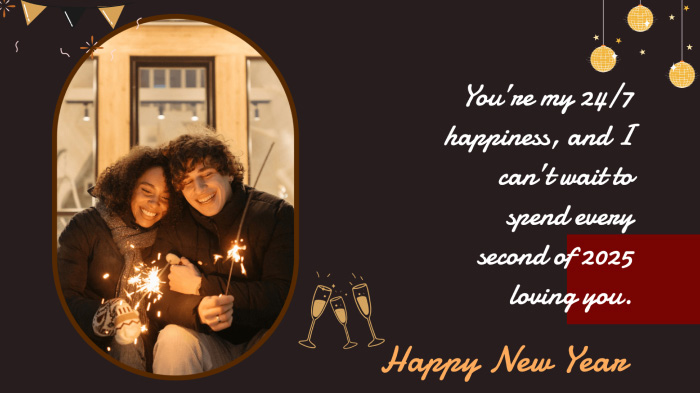 A cute and romantic AI New Year card design with a couple’s photo, illustrations, and a New Year wish. 