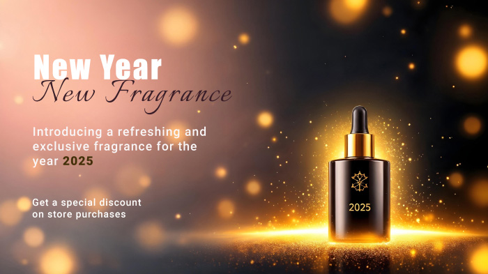 An advertisement of New Year’s exclusive fragrance with a background featuring a glittery and bokeh effect.