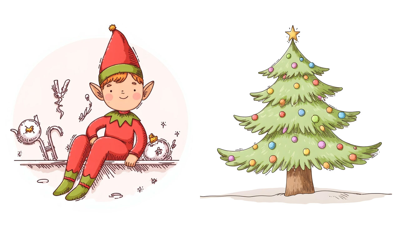 A collage of the drawings of a cute elf and a Christmas tree with baubles.