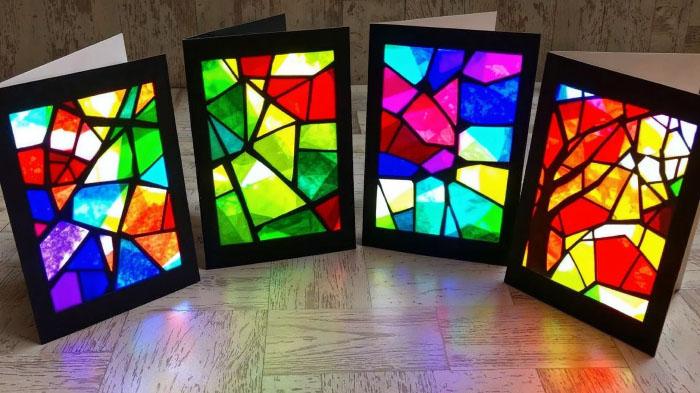 Four vibrant tissue paper stained glass cards