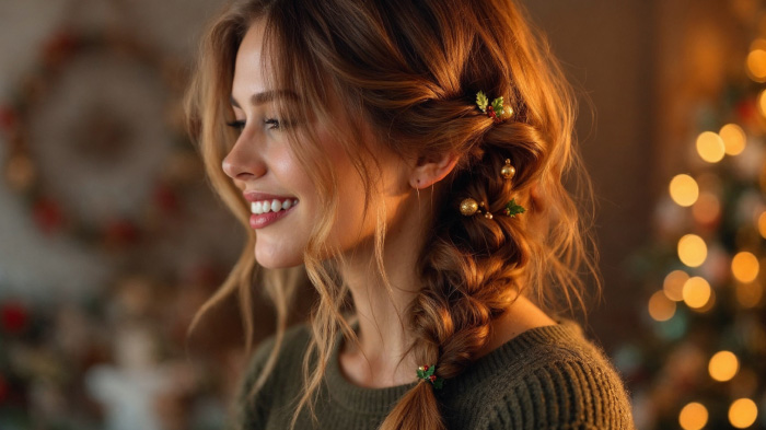 A female Christmas party hairstyle featuring a side braid adorned with holly leaves and baubles clips. 