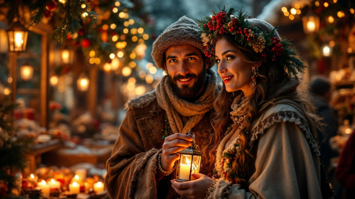 A family celebrating cultural holiday traditions with festive outfits and traditional decorations unique to their heritage