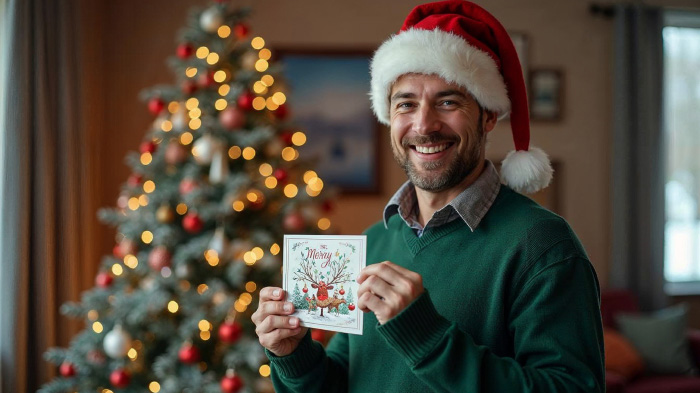 A photo of a man posing in front of a Christmas tree and holding a Merry Christmas card.