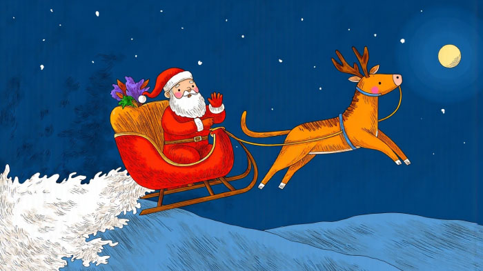 A drawing of Santa Claus riding on a sleigh on a starry night with a bright moon.