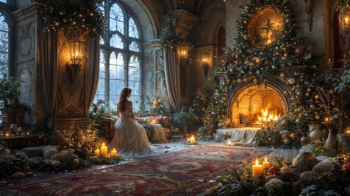 A woman in a fairy-like gown posing in a castle-inspired setting with dreamy magical holiday lighting.