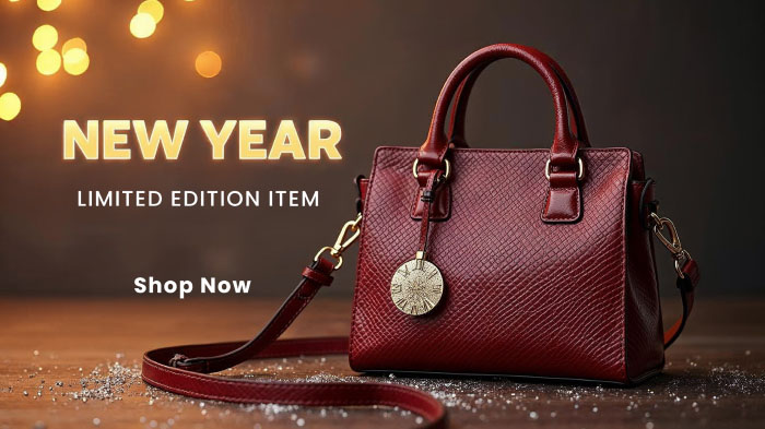 A New Year’s limited handbag edition promo with a bokeh effect background