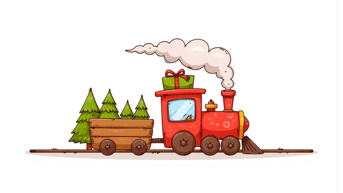 A drawing of a red train passing in front of trees carrying a Christmas present.