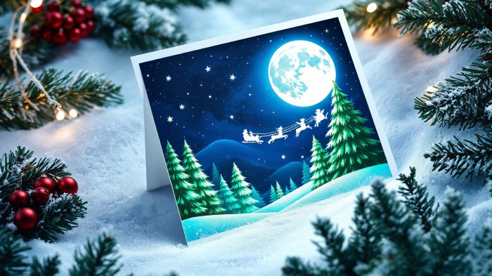 Glow-in-the-dark card with Santa's sleigh crossing the moon