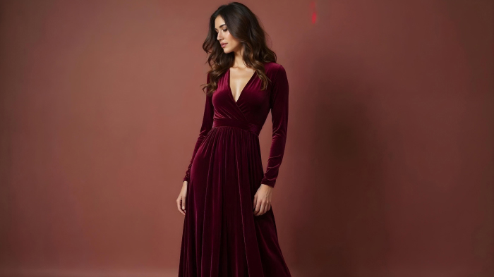 A photo of a woman in an outfit featuring a burgundy-colored velvet maxi dress.