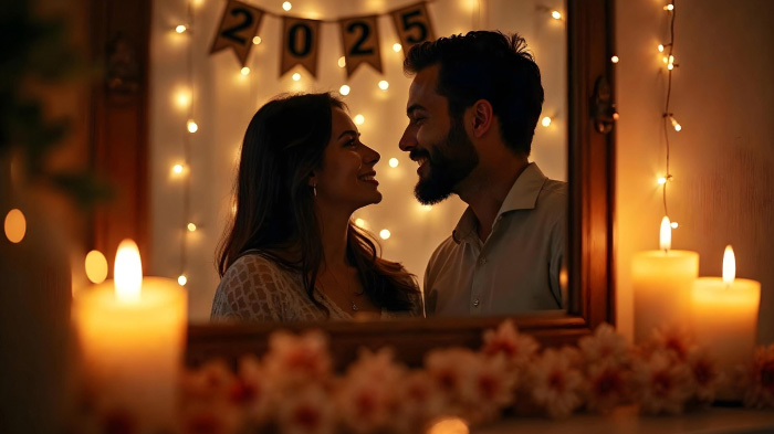 A photo of a couple’s reflection gazing at each other in the mirror, along with a festive background.