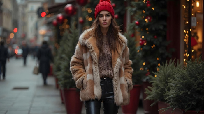 A photo of a woman in a faux fur coat and leather pants in an outdoor Christmas scene.