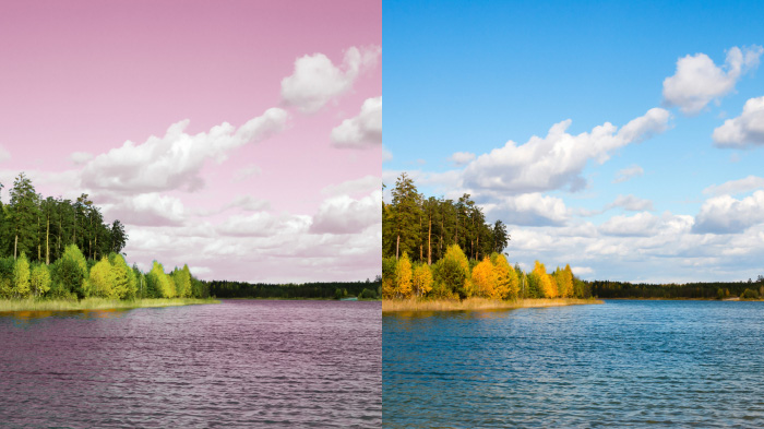 A before-and-after collage of a landscape, with the before showing distorted colors and the after showing color correction.