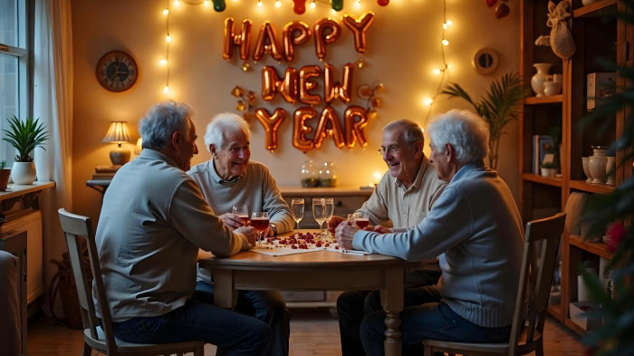 Elderly couples are sitting in New settings and playing indoor games.