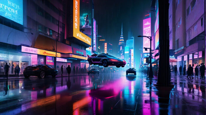 A neon-lit cityscape at night, with flying cars, holographic billboards, and people walking through the rain.