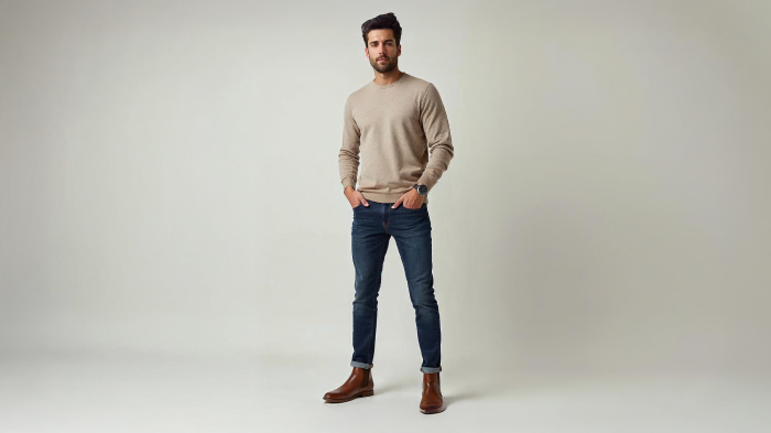 A photo of a man in a neutral-tone fitted knit sweater with slim-fit jeans, desert boots, and a leather watch.