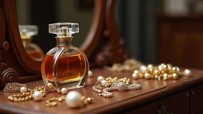 A perfume bottle on a classic wooden vanity surrounded by scattered jewelry and pearls. 