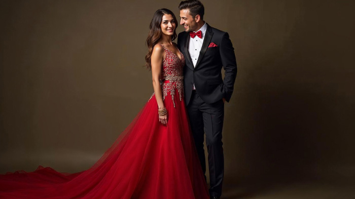 A couple photo with woman in a red gown with elegant jewelry and man in a black tuxedo with a red bow and pocket square.