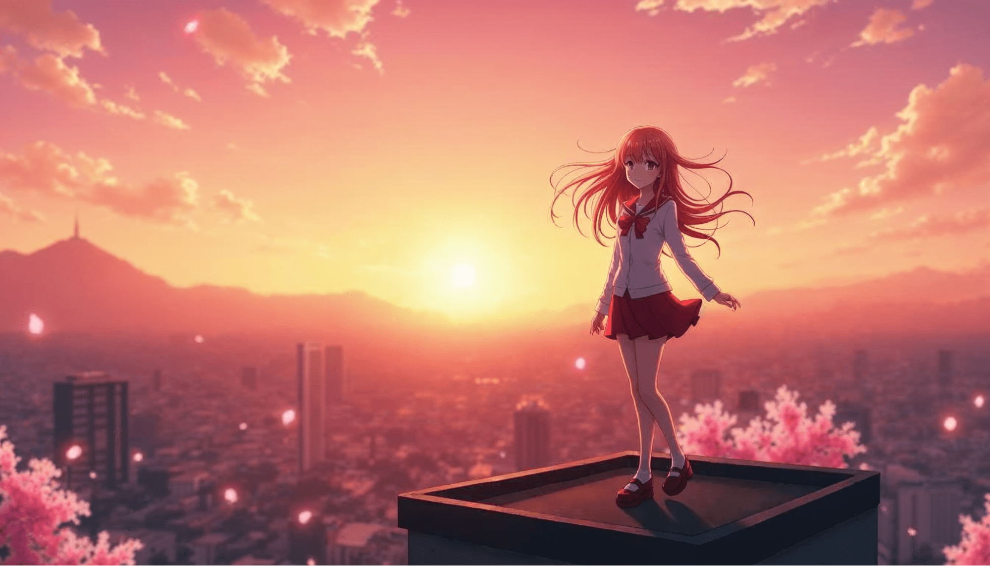 An anime-themed photo of a high school student standing on a rooftop at sunset with cherry blossoms in the air.