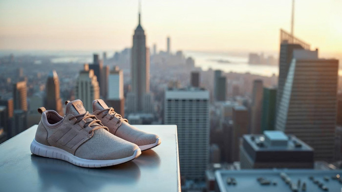 A pair of shoes on the edge of a sleek rooftop terrace overlooking a city skyline.