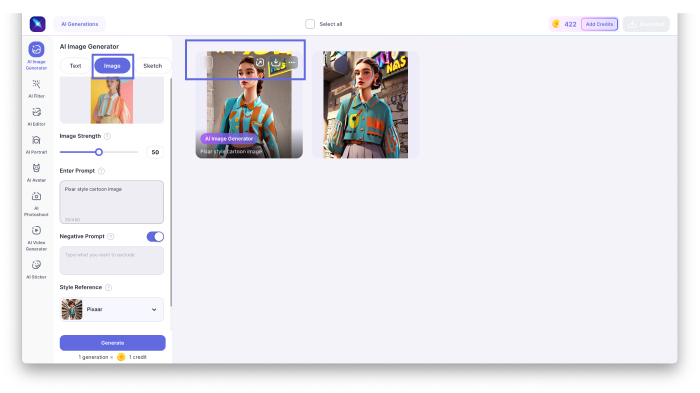 A screenshot showing the photo upscale, download, and edit options in LightX’s image to image generator.