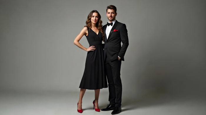 A couple photo with woman in a black dress and red heels and man in a black suit with red pocket square.