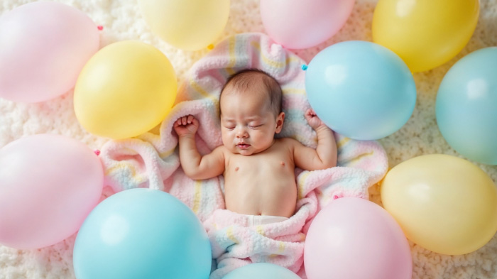 A baby lying on a pastel blanket surrounded by clusters of colorful balloons.