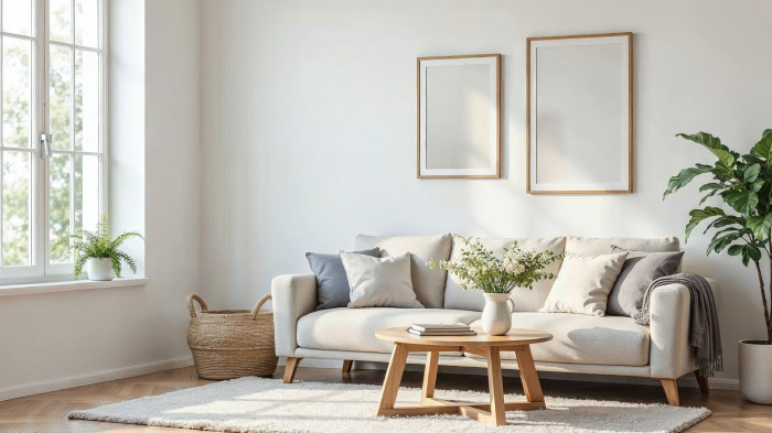 A couch in a bright living room with large windows, a soft rug, and a wooden coffee table with a vase of fresh flowers.