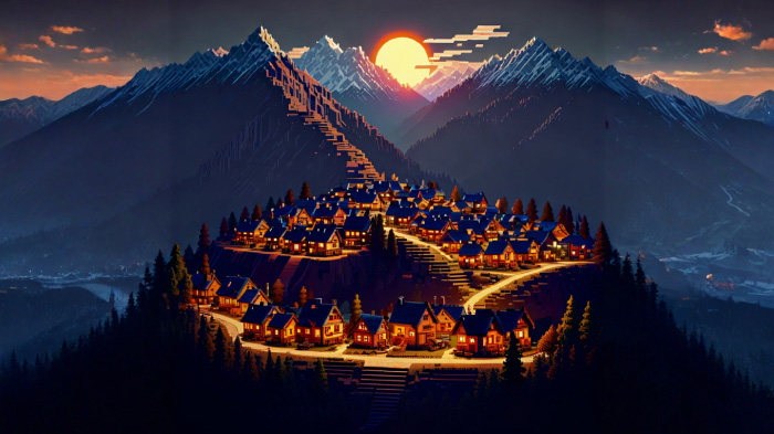 A cozy 8-bit village surrounded by mountains, with tiny houses and a glowing pixelated sun.