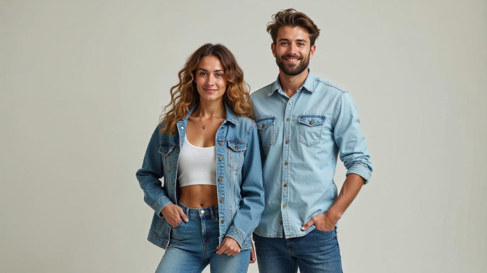 A couple photo with woman in a denim jacket and high-waisted jeans and man in a light-wash denim shirt with slim-fit jeans. 