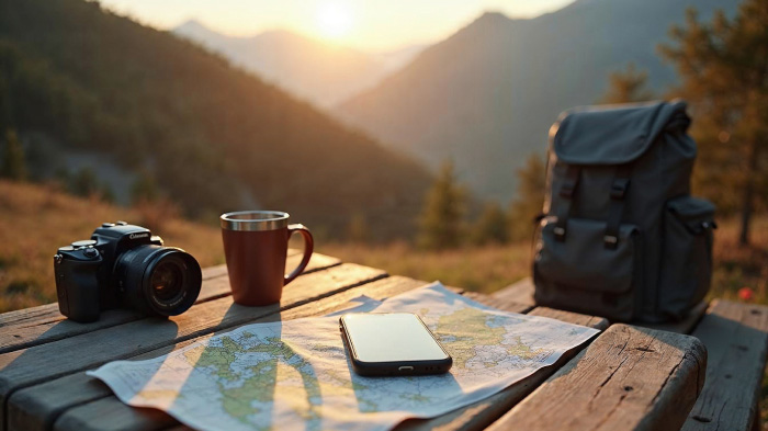 A mobile phone on a wooden picnic table with a map, a travel mug, a backpack, a camera, and a scenic mountain view.