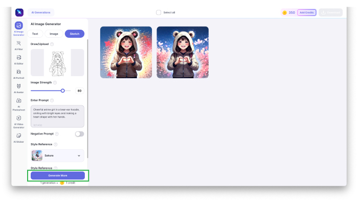 A screenshot of the “Generate More” option in LightX’s sketch to image AI.