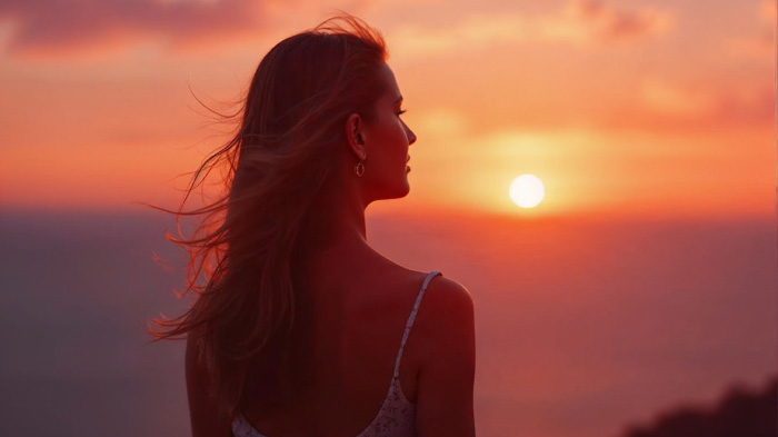 A woman against a sunset with soft orange, pink, and purple hues blending into the horizon.