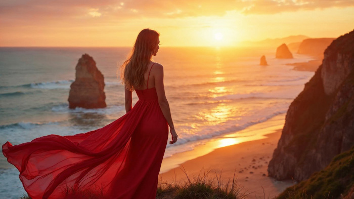 A young woman in a flowing red dress, standing on a cliff overlooking the ocean at sunset.