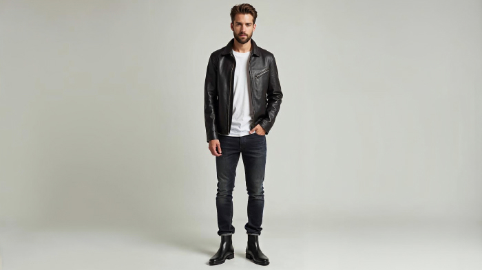 A photo of a man in a classic black leather jacket with dark jeans over a plain white t-shirt and Chelsea boots