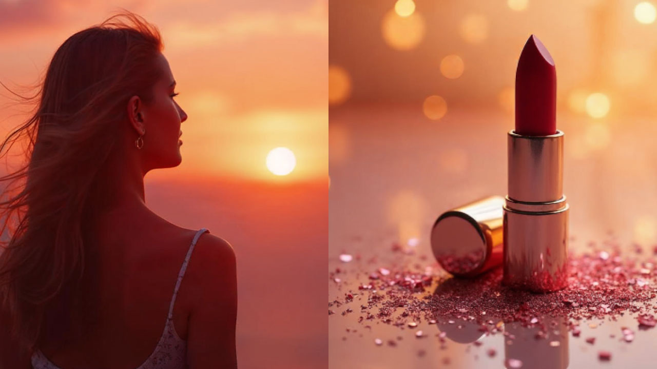 A collage of a photo of a woman with a sunset and a lipstick on a surface with glitter.