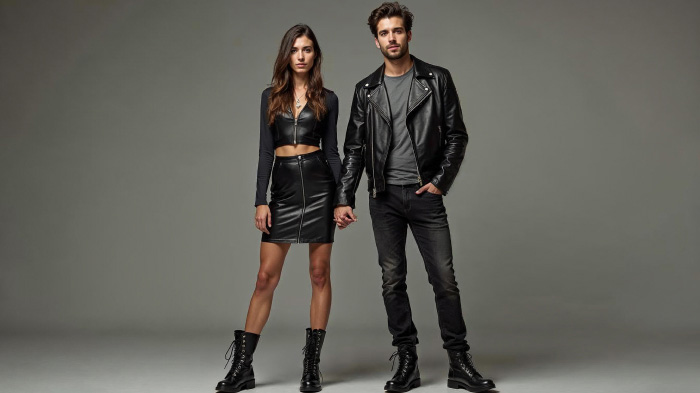 A couple photo with woman in a leather skirt with a top and man in a leather jacket with dark jeans and combat boots.