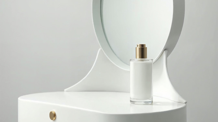 A bottle of a face toner placed on a sleek, white minimalist dresser.