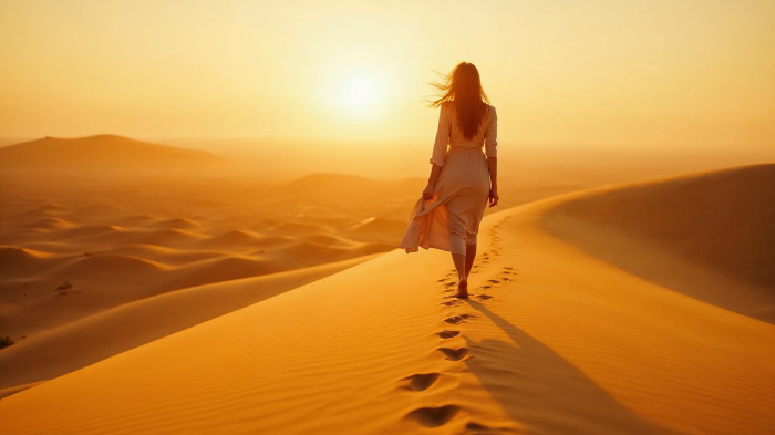 A woman walking through dunes with the sun low on the horizon and footprints trailing behind.