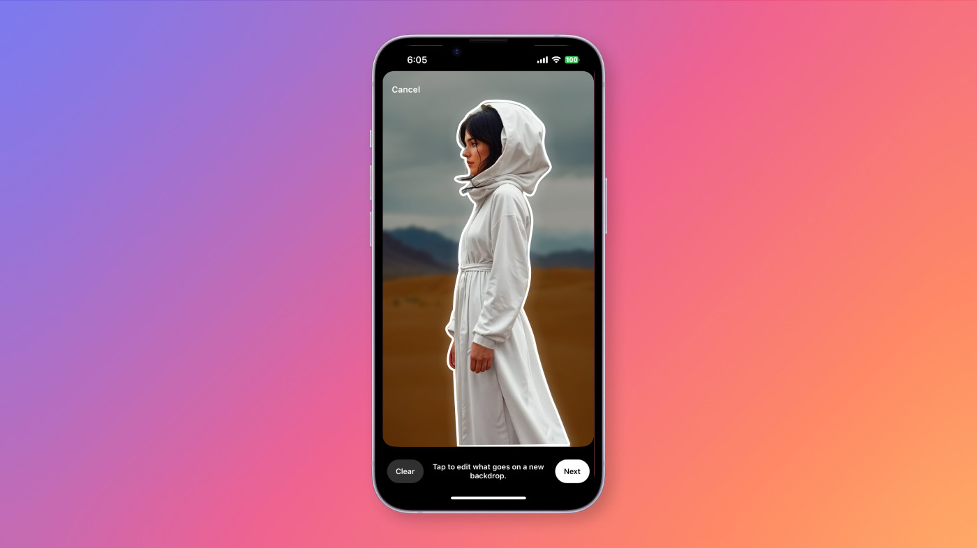 A screenshot showing a selection around a woman in a picture using the AI Backdrop feature in Instagram Story.