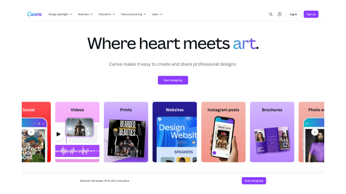 A screenshot of Canva’s homepage.