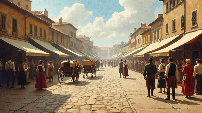  A vintage-style painting of a bustling market square, with cobblestone streets, horse-drawn carts, and people.