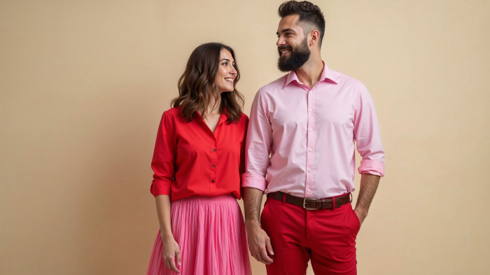 A couple photo with woman in a red blouse and a pink skirt and man in a pink shirt and red trousers. 