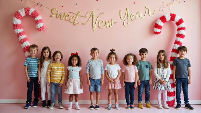  5-6 groups of children standing with DIY New Year Backdrop