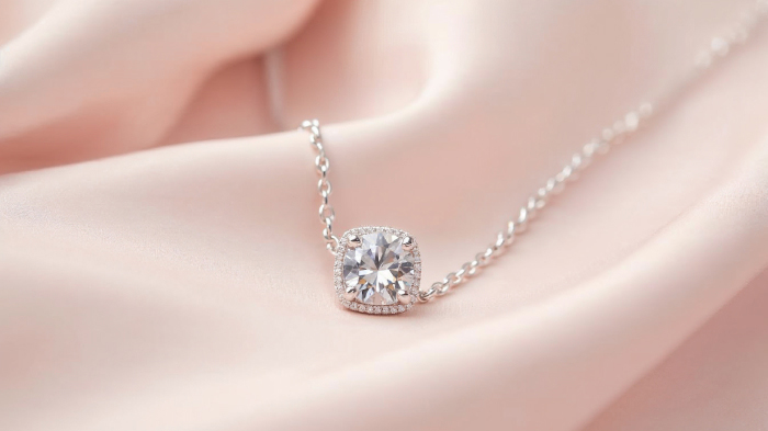 A diamond necklace on a smooth blush pink satin sheet.