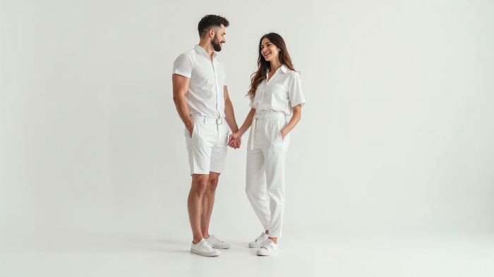 A couple photo with both the woman and man dressed in all white look from head to toe. 