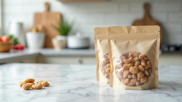 A packet of snacks and the snacks placed on a marble kitchen counter.