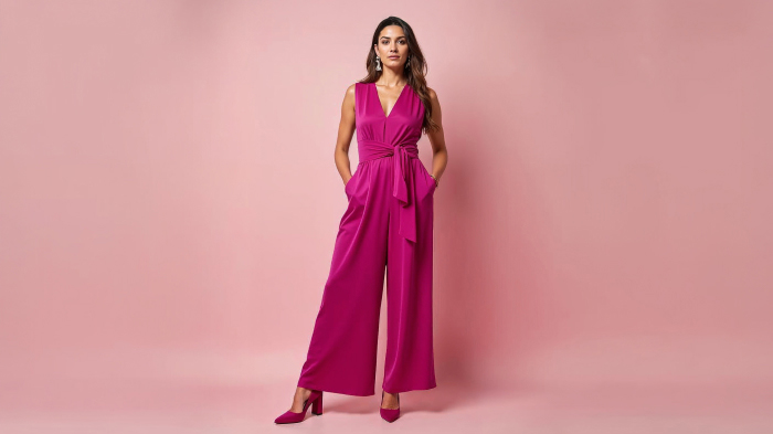 A photo of a woman in a magenta statement jumpsuit with belted waist, block heels, and earrings. 