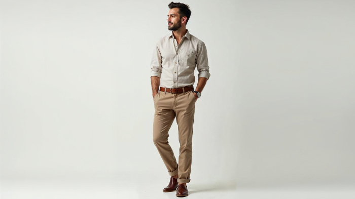 A photo of a man in a linen button-up shirt with khakis, loafers, a leather belt, and watch. 