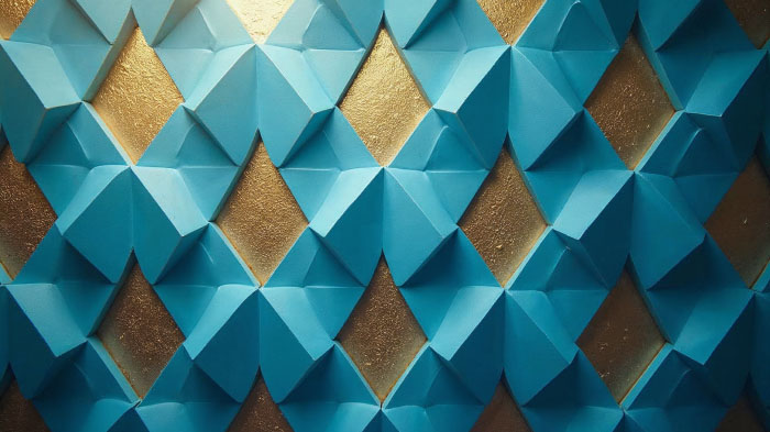 A repeating geometric pattern of triangles in shades of blue and gold, with soft gradients and sharp lines.