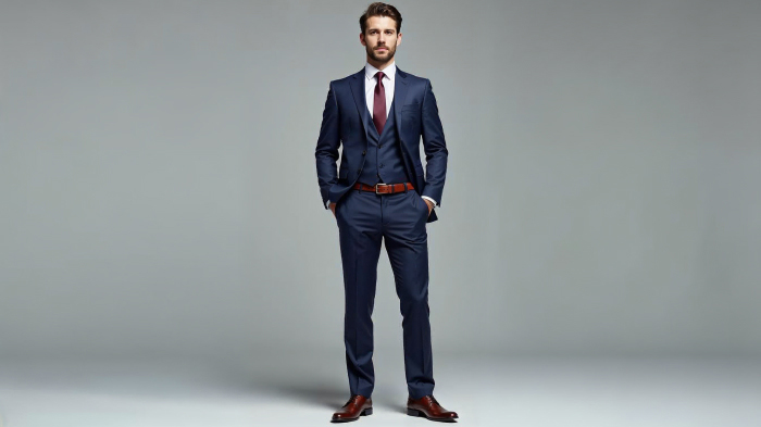 A photo of a man in a navy suit with a crisp white shirt, burgundy tie, brown leather shoes and a matching 